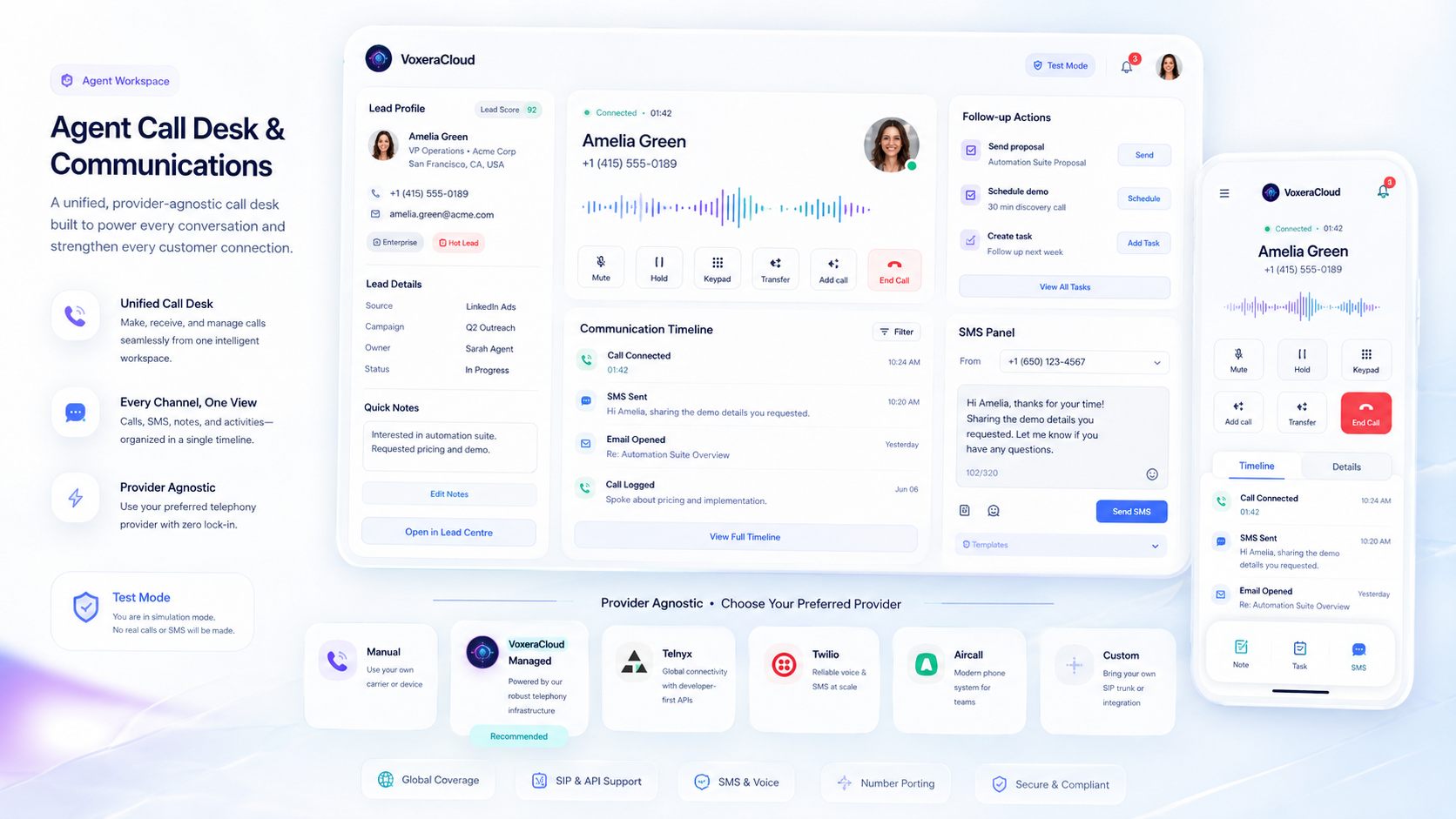 Agent Call Desk and communications dashboard